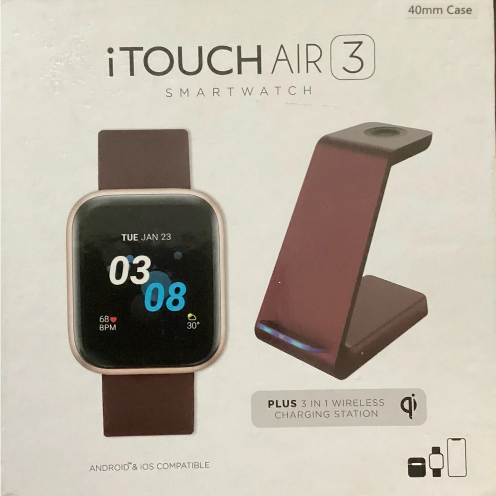 Air 3 Burgundy Silicone Strap Smartwatch with 3 in 1 Wireless Charging Station